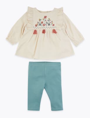 Ensemble 2&nbsp;pi&egrave;ces en coton &agrave; motif brod&eacute; et volants