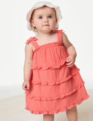 M&S Girls Pure Cotton Tiered Dress (0-3 Yrs) - 0-3 M - Coral, Coral