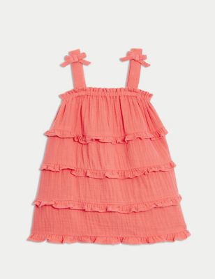 M&S Girls Pure Cotton Tiered Dress (0-3 Yrs) - 0-3 M - Coral, Coral
