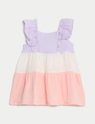 M&S Girls Pure Cotton Colour Block Frill Dress (0-3 Yrs) - 0-3 M - Pink Mix, Pink Mix