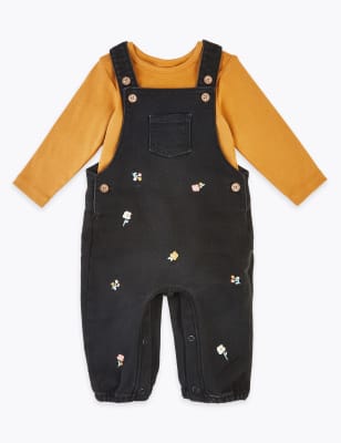 Ensemble 2&nbsp;pi&egrave;ces en coton avec salopette brod&eacute;e