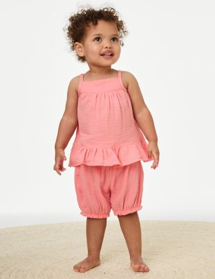 M&S Girls 2pc Pure Cotton Top & Shorts Outfit (0-3 Yrs) - 3-6 M - Coral, Coral