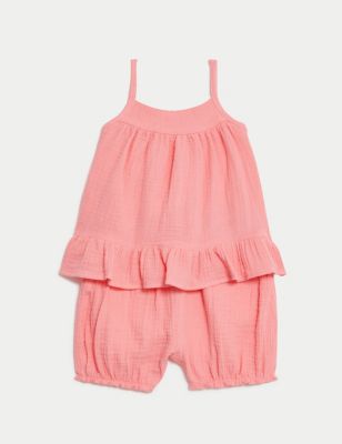 M&S Girls 2pc Pure Cotton Top & Shorts Outfit (0 Mths-3 Yrs) - 3-6 M - Coral, Coral