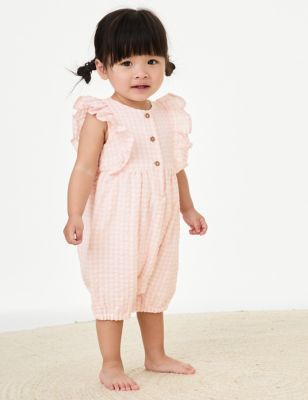 M&S Girl's Pure Cotton Gingham Romper (0-3 Yrs) - 0-3 M - Coral, Coral