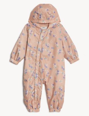M&S Girls Floral Hooded Puddlesuit (0-3 Yrs) - 3-6 M - Pink Mix, Pink Mix