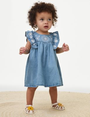 M&S Girl's Cotton Rich Embroidered Dress (0-3 Yrs) - 3-6 M - Chambray, Chambray