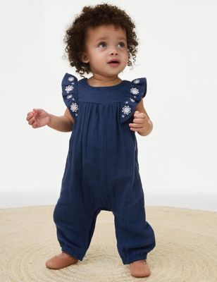 M&S Girl's Pure Cotton Floral Romper (0-3 Yrs) - 3-6 M - Navy, Navy