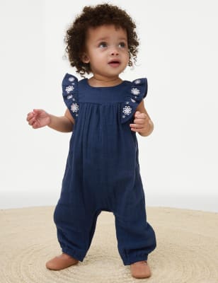 M&S Girls Pure Cotton Floral Romper (0-36 Mths) - 3-6 M - Navy, Navy