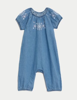 M&S Girl's Cotton Rich Embroidered Romper (0-3 Yrs) - 0-3 M - Chambray, Chambray