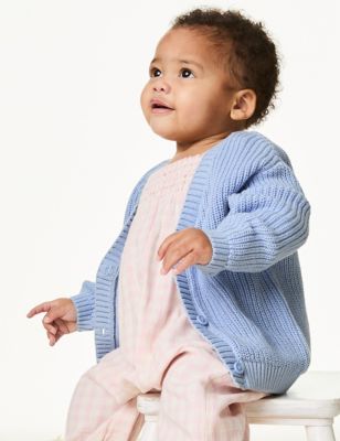 M&S Girls Pure Cotton Knitted Cardigan (0-3 Yrs) - 3-6 M - Blue, Blue,Coral