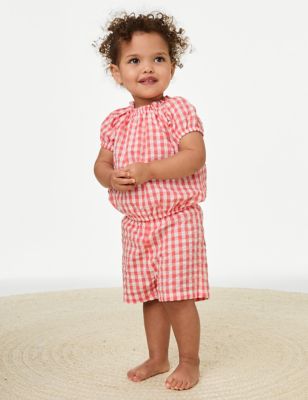 M&S Girl's Pure Cotton Gingham Outfit (0-3 Yrs) - 0-3 M - Coral Mix, Coral Mix