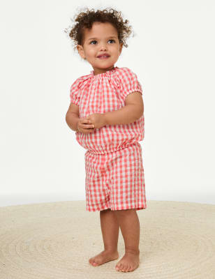

M&S Collection Outfit aus reiner Baumwolle mit Gingham-Muster (0-3 J.) - Coral Mix, Coral Mix
