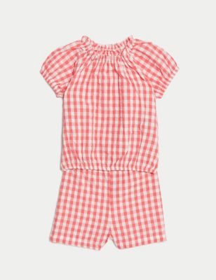 M&S Girls Pure Cotton Gingham Outfit (0-3 Yrs) - 0-3 M - Coral Mix, Coral Mix