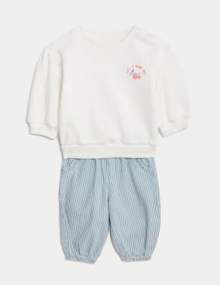

M&S Collection 2-teiliges Outfit mit hohem Baumwollanteil, Streifen und Schriftzug (0-3 J.) - Ivory Mix, Ivory Mix
