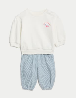 M&S Girls 2pc Cotton Rich Striped Slogan Outfit (0-3 Yrs) - 3-6 M - Ivory Mix, Ivory Mix