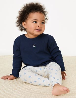 M&S Girls 2pc Cotton Rich Outfit (0-3 Yrs) - 0-3 M - Navy Mix, Navy Mix
