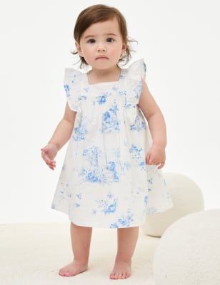 M&S Girls Pure Cotton Floral Frill Dress (0-3 Yrs) - 0-3 M - Blue Mix, Blue Mix