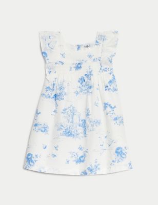 M&S Girls Pure Cotton Floral Frill Dress (0-3 Yrs) - 0-3 M - Blue Mix, Blue Mix