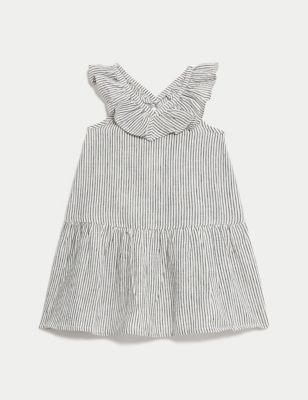 M&S Girl's Cotton Rich Striped Dress (0-3 Yrs) - 3-6 M - Charcoal, Charcoal