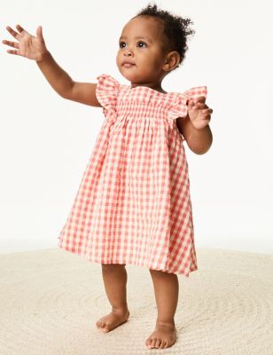 M&S Girls Pure Cotton Checked Dress (0-3 Yrs) - 3-6 M - Coral Mix, Coral Mix