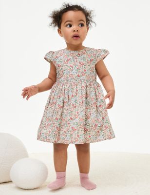 M&S Girl's Pure Cotton Floral Dress (0-3 Yrs) - 0-3 M - Ivory Mix, Ivory Mix