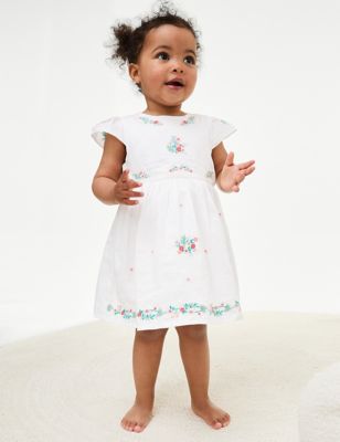 M&S Girl's Pure Cotton Embroidered Dress (0-3 Yrs) - 0-3 M - Ivory Mix, Ivory Mix