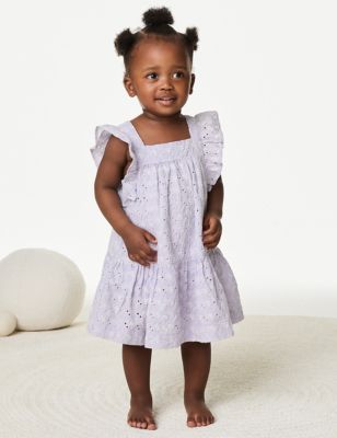 M&S Girl's Pure Cotton Broderie Dress (0-3 Yrs) - 0-3 M - Lilac Mix, Lilac Mix