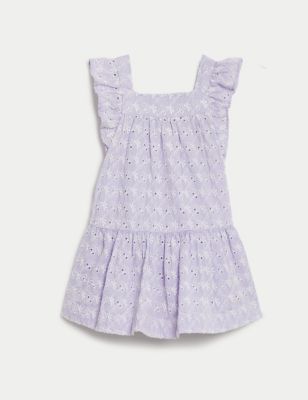 M&S Girls Pure Cotton Broderie Dress (0 Mths-3 Yrs) - 0-3 M - Lilac Mix, Lilac Mix