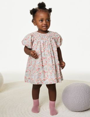 M&S Girls Pure Cotton Floral Dress (0-3 Yrs) - 3-6 M - Red Mix, Red Mix,Yellow Mix