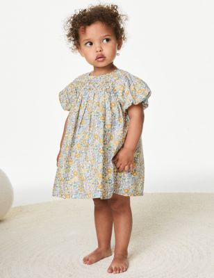 M&S Girl's Pure Cotton Floral Dress (0-3 Yrs) - 0-3 M - Yellow Mix, Yellow Mix,Red Mix