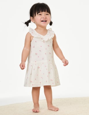 M&S Girl's Cotton Rich Floral Dress (0-3 Yrs) - 3-6 M - Ivory Mix, Ivory Mix