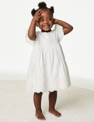 M&S Girl's Pure Cotton Broderie Dress (0 Mths-3 Yrs) - 3-6 M - White Mix, White Mix