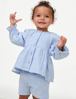 M&S Girls 2pc Pure Cotton Floral Outfit (0-3 Yrs) - 3-6 M - Chambray Mix, Chambray Mix