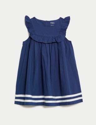 M&S Girls Pure Cotton Frill Dress (0-3 Yrs) - 0-3 M - Navy, Navy