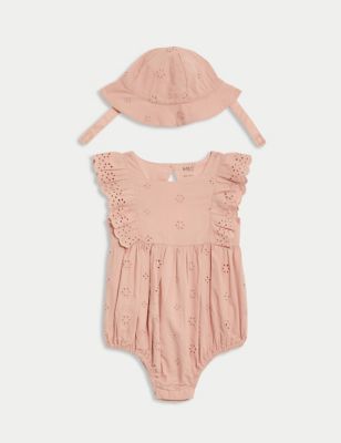 M&S Girls 2pc Pure Cotton Broderie Romper (0-3 Yrs) - 0-3 M - Pink, Pink