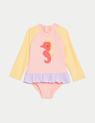 M&S Girls Seahorse Long Sleeve Swimsuit (0-3 Yrs) - 0-3 M - Peach Mix, Peach Mix