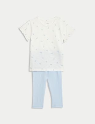 M&S Girl's 2pc Cotton Rich Floral Top & Bottom Outfit (0-3 Yrs) - 0-3 M - Ice Blue, Ice Blue