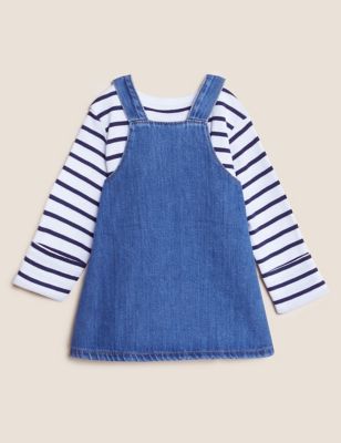 M&S Girls 2pc Pure Cotton Denim Pinny Outfit (0-3 Yrs)