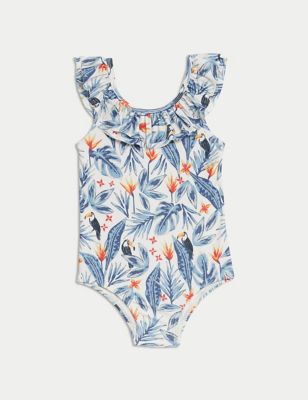 M&S Girl's Mini Me Patterned Frill Neck Swimsuit (0-3 Yrs) - 0-3 M - Green Mix, Green Mix