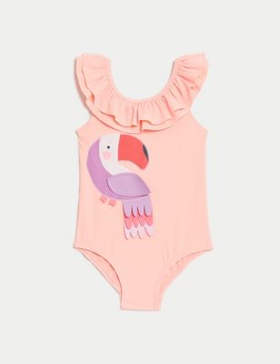 M&S Girl's Flamingo Frill Neck Swimsuit (0-3 Yrs) - 2-3Y - Pink Mix, Pink Mix