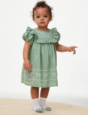 M&S Girl's 2pc Cotton Rich Embroidered Outfit (0-3 Yrs) - 0-3 M - Green Mix, Green Mix,Coral Mix