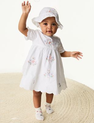 M&S Girl's 3pc Pure Cotton Peter Rabbit Dress Outfit (0-3 Yrs) - 6-9 M - White Mix, White Mix