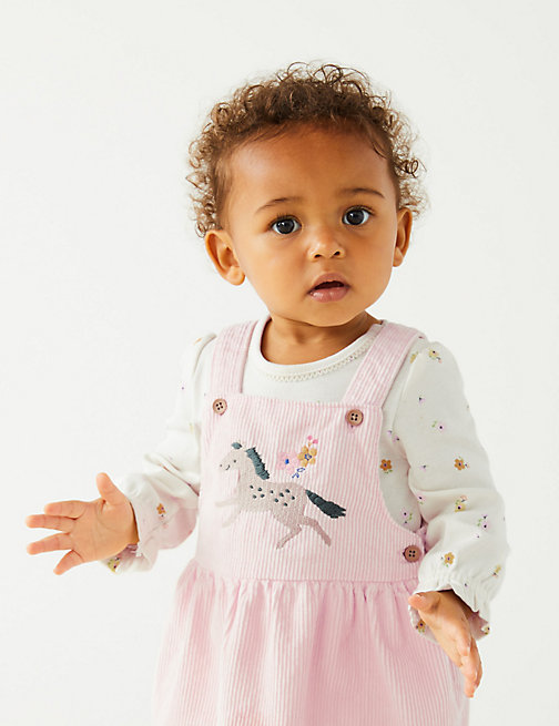 Marks And Spencer Girls M&S Collection 3pc Cotton Rich Embroidered Pinafore Outfit (0-3 Yrs) - Pink, Pink
