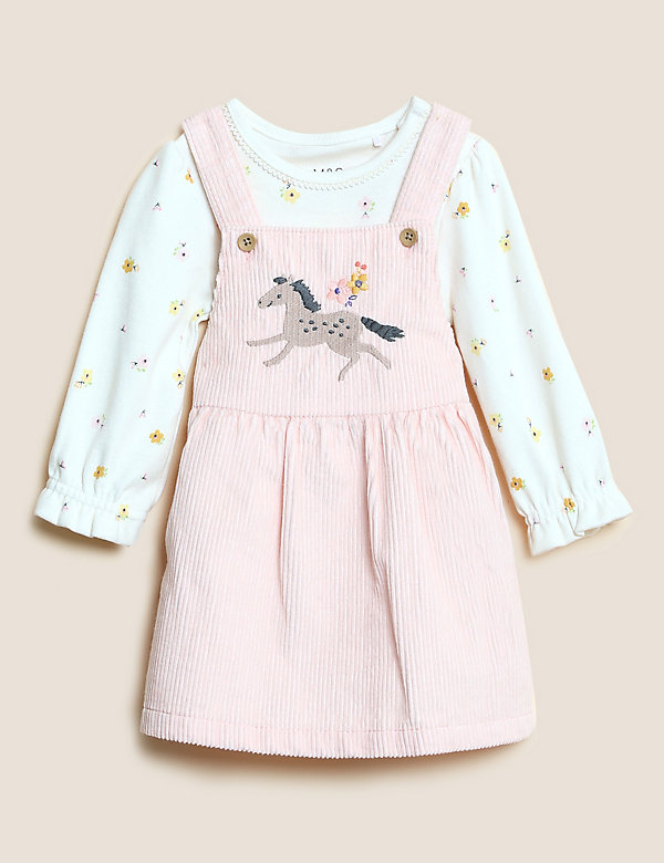 3pc Cotton Rich Embroidered Pinafore Outfit (0-3 Yrs) - MM