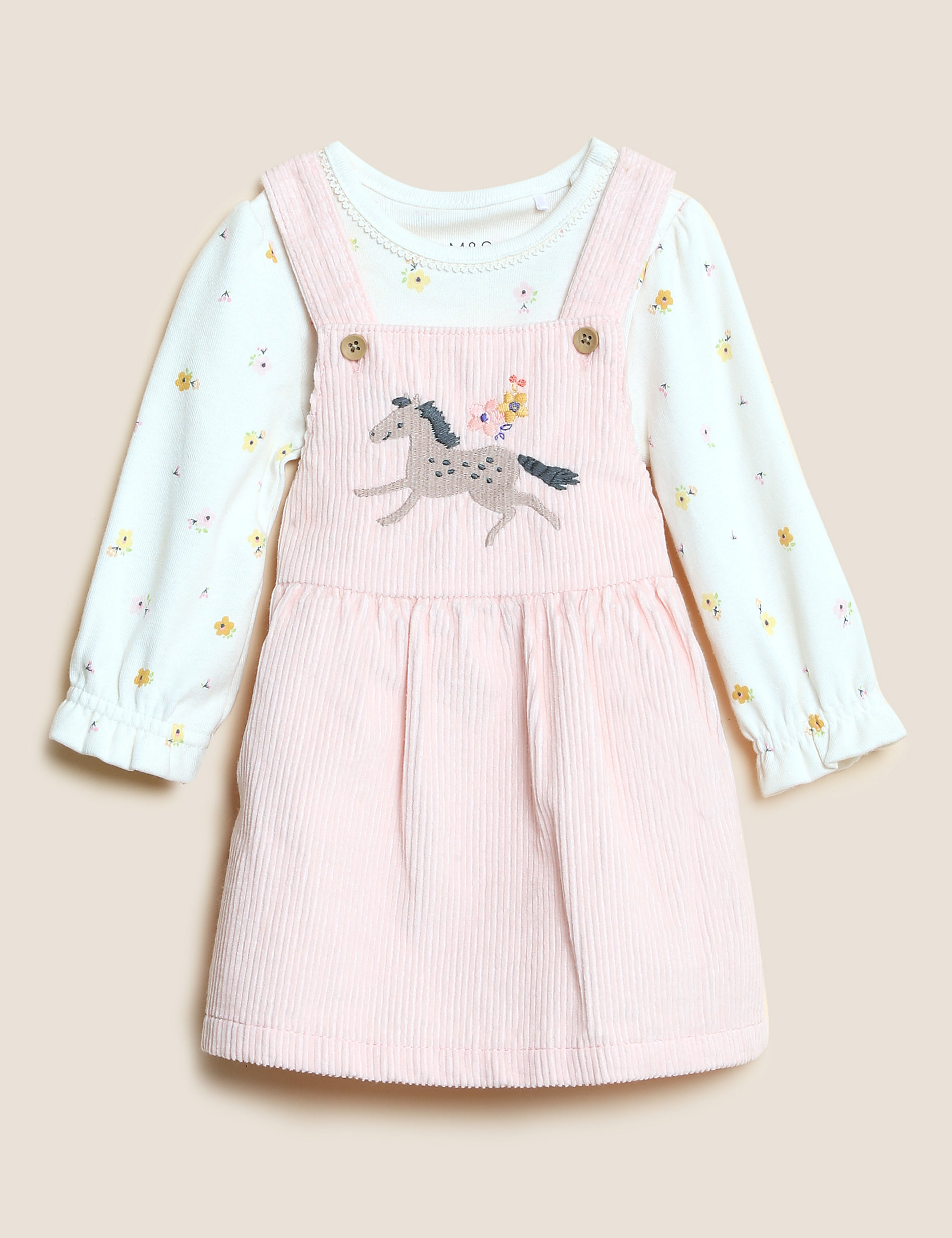 3pc Cotton Rich Embroidered Pinafore Outfit (0-3 Yrs)