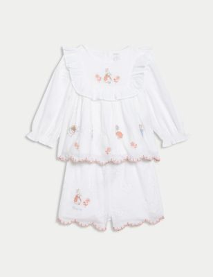 M&S Girls 2pc Pure Cotton Peter Rabbittm Outfit (0-3 Yrs) - 3-6 M - White Mix, White Mix