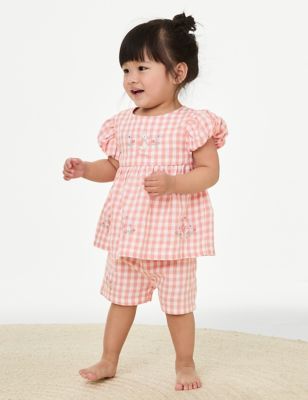 M&S Girls 2pc Pure Cotton Checked Peter Rabbittm Outfit (0-3 Yrs) - 3-6 M - Coral Mix, Coral Mix