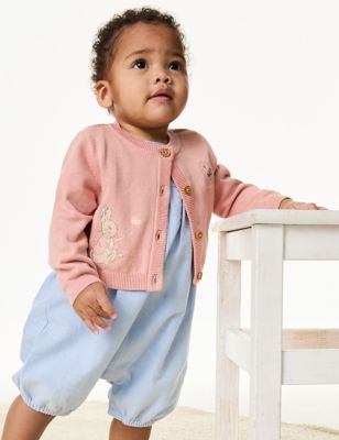 M&S Girls Pure Cotton Peter Rabbittm Cardigan (0-3 Yrs) - 3-6 M - Coral Mix, Coral Mix,Green Mix