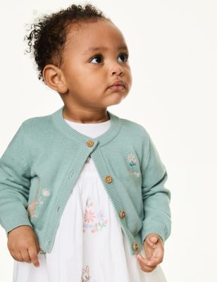 M&S Girl's Pure Cotton Peter Rabbit Cardigan (0-3 Yrs) - 0-3 M - Green Mix, Green Mix,Coral Mix