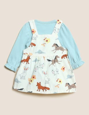 

M&S Collection 3-teiliges Outfit mit hohem Baumwollanteil und Latzkleid mit Waldmuster (0-3 J.) - White Mix, White Mix